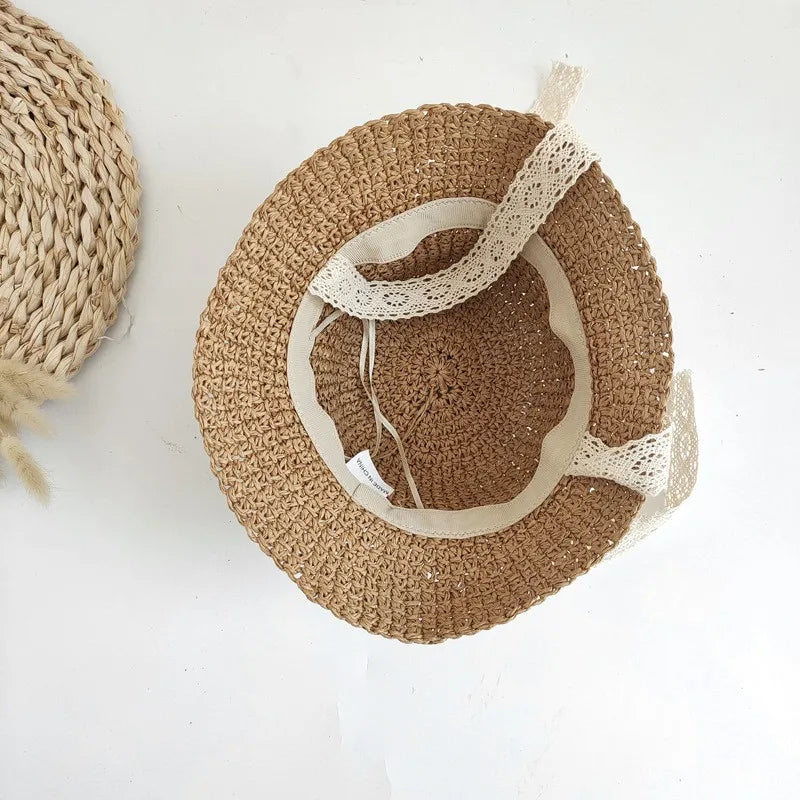 Fashion Lace Baby Hat Summer Straw Bow Baby Girl Cap Beach Children Panama Hat Princess Baby Sun Hats and Caps for Kids 1PC