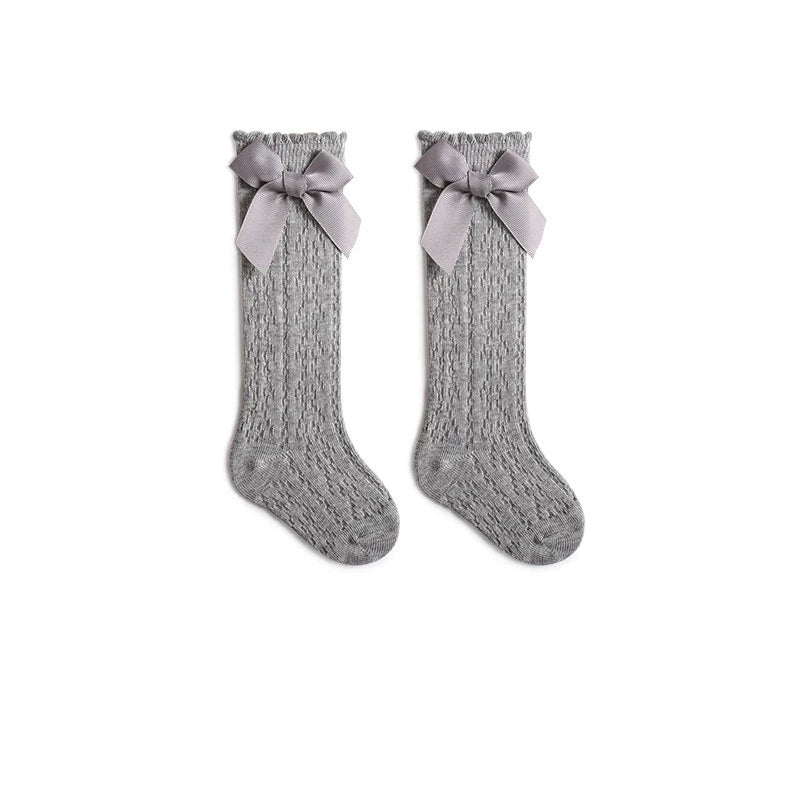 Summer Baby Girls Socks Toddler Bow Long Sock Kids Knee High Soft Cotton Mesh Stocking Spanish Style Hollow Out Lace Socks 0-3Y