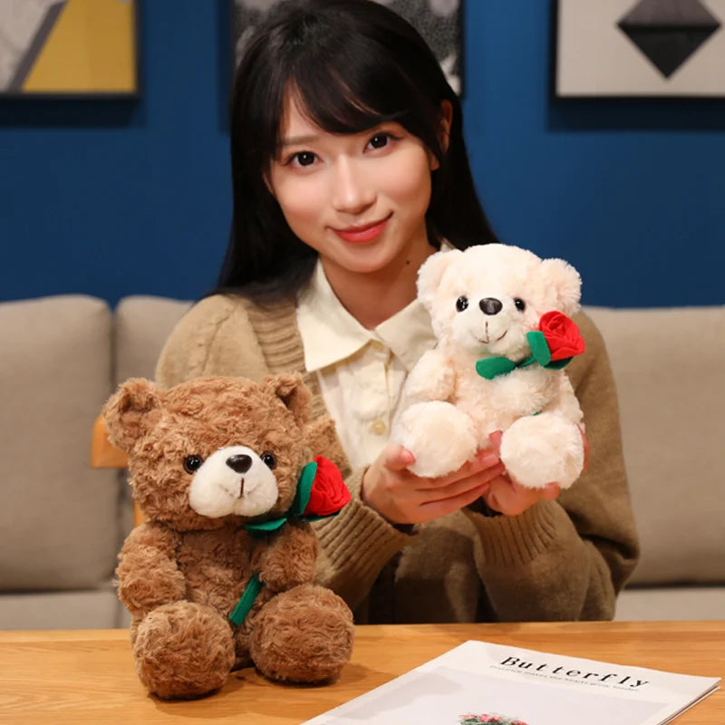 Wholesale Creative 16/25CM Bear Plush Toy Red Heart Romantic Rose Doll Soft Handmade Holding Flowers Bear Doll Home Decoration