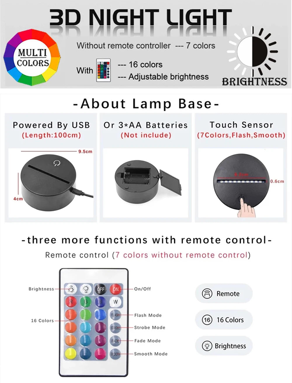 3D Illusion Night Light Messi 7 Color/16 Color Gradient Touch Switch LED Night Light Table Lamp (Crackle White)