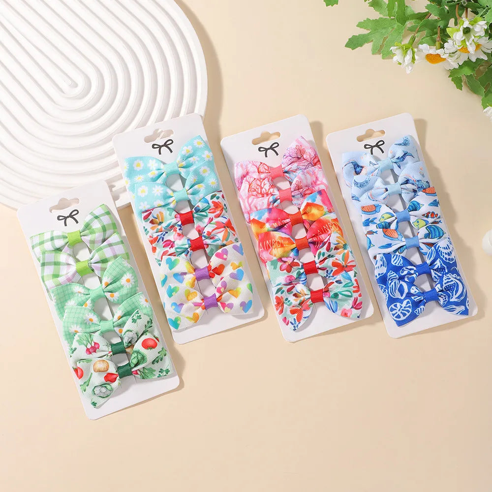 6Pcs Grosgrain Ribbon Printed Hair Bows with Clip for Girls Hair Clips Kids Hairpins Barrettes Fresh Printing Hair Accessories