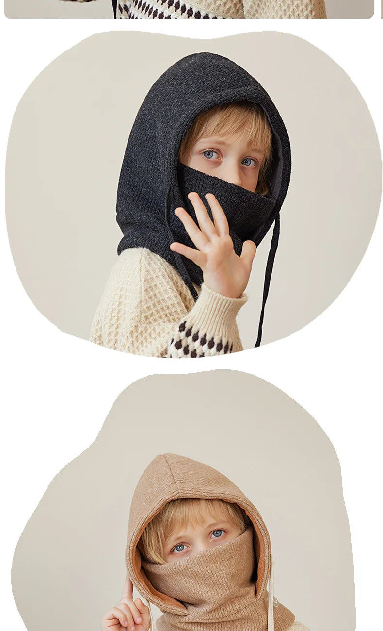Children Winter Hat Scarf Mask One-piece Ears Neck Warmer Kids Bonnet Hats for Skiing Fleece Lining Child Girls Boys Cap 4-10Y