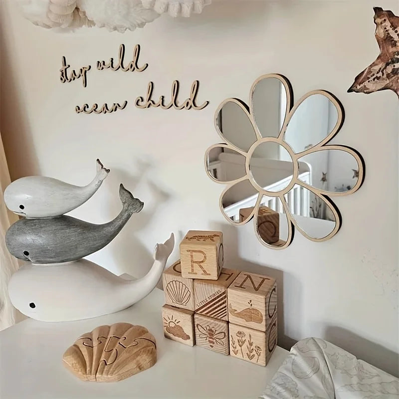 Ins Nordic Daisy Mirror Wooden Acrylic No Drill Wall Decor For Home Bedroom Display Model DS01