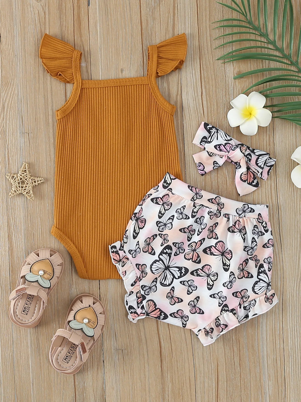 Newborn Cute Baby Girl Clothes Set Sleeveless Bodysuit Butterfly Printed Shorts 3Pcs Summer Clothing Suit Baby Girl Clothes