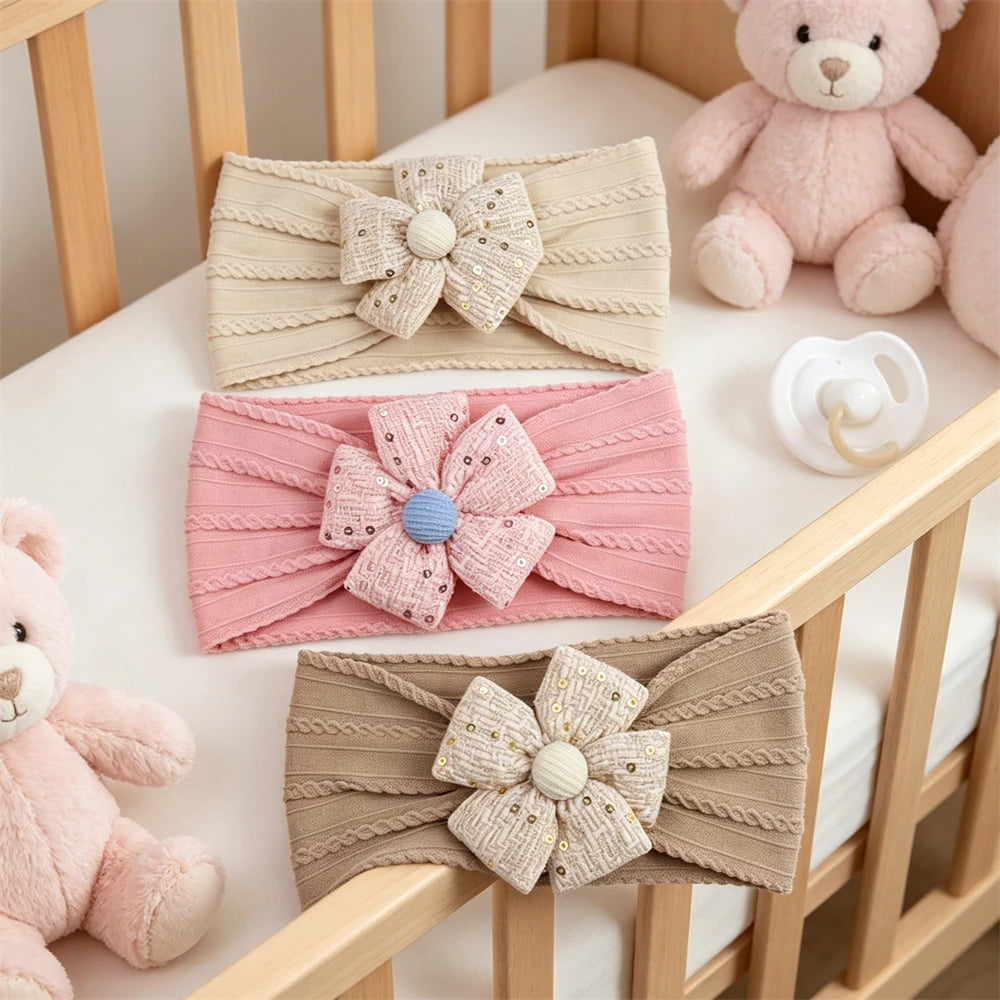 2026 New Arrival Baby Girl Flower Headband Soft Nylon Elastic Turban Sequin Tweed Bow Newborn Hairbands Toddler Hair Accessories