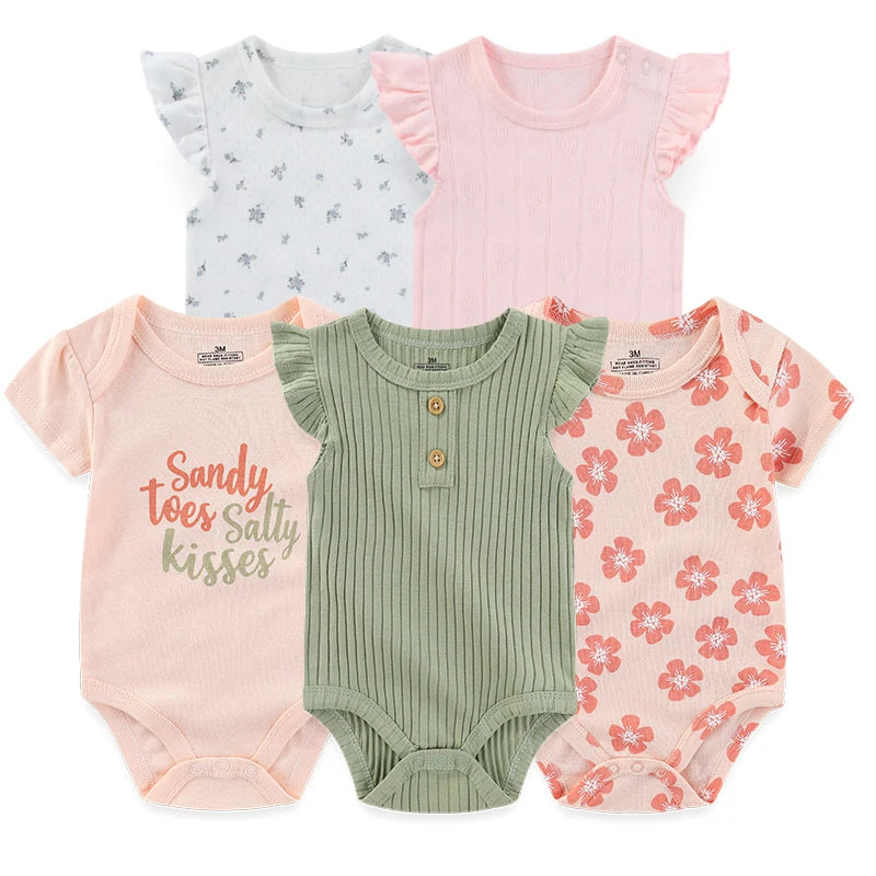 Cartoon Baby Bodysuits Set 3 To 5 Piece Soft Cotton Short Sleeve Infant Outfits For Newborn