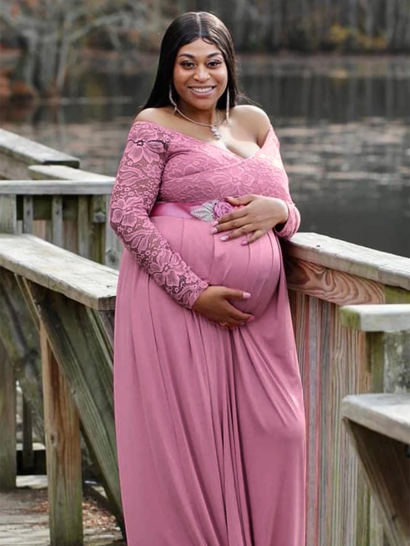 Maternity Lace Photography Gown V-Neck Long Sleeve Maxi Elegant Pregnancy Dress For Baby Shower Photography