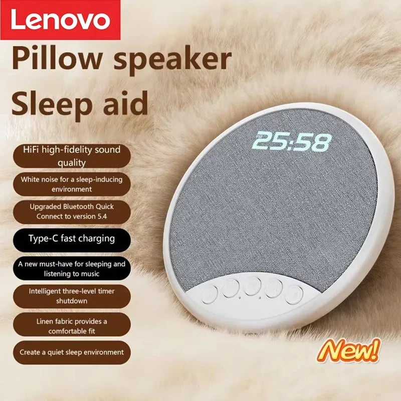 Lenovo Pillow Speaker HiFi Sleep Sound Machine White Noise Bluetooth 5.4 Speaker Digital Alarm Clock Timer Long Battery Life