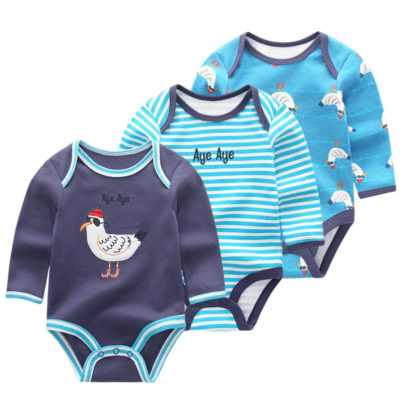 Kiddiezoom 3 Pcs/Lot Spring Autumn Cartoon Long Sleeve Newborn Baby Boy Girl Bodysuits 100%Cotton Soft Infants Clothes