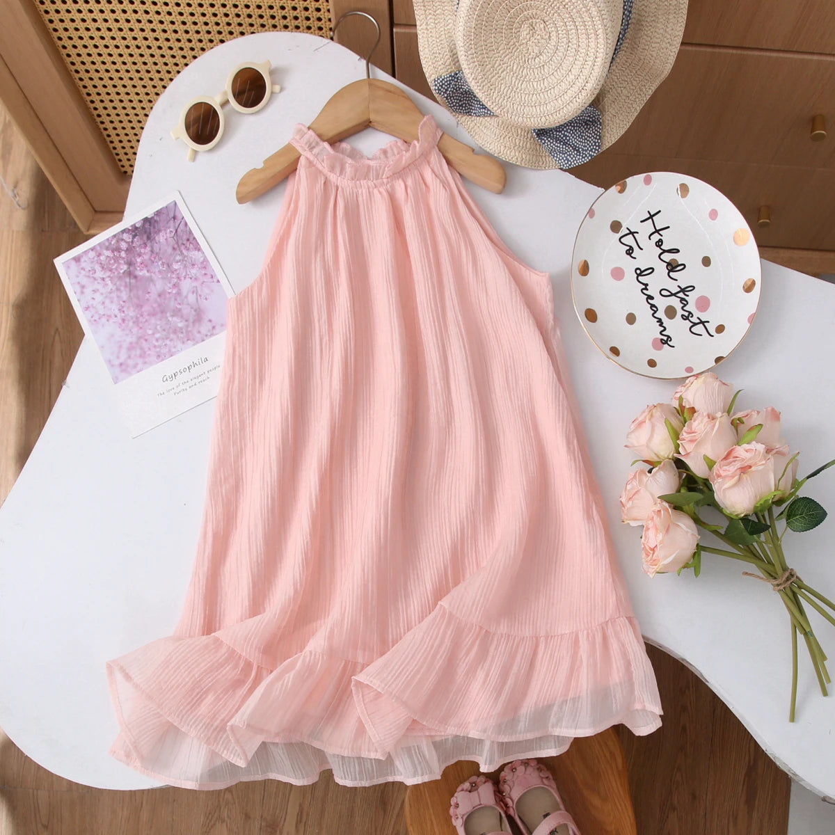 Humor Bear Summer Girl's Dress Solid color retro-style halter sleeveless Fashion Princess Dress Casual Dresses For Girls