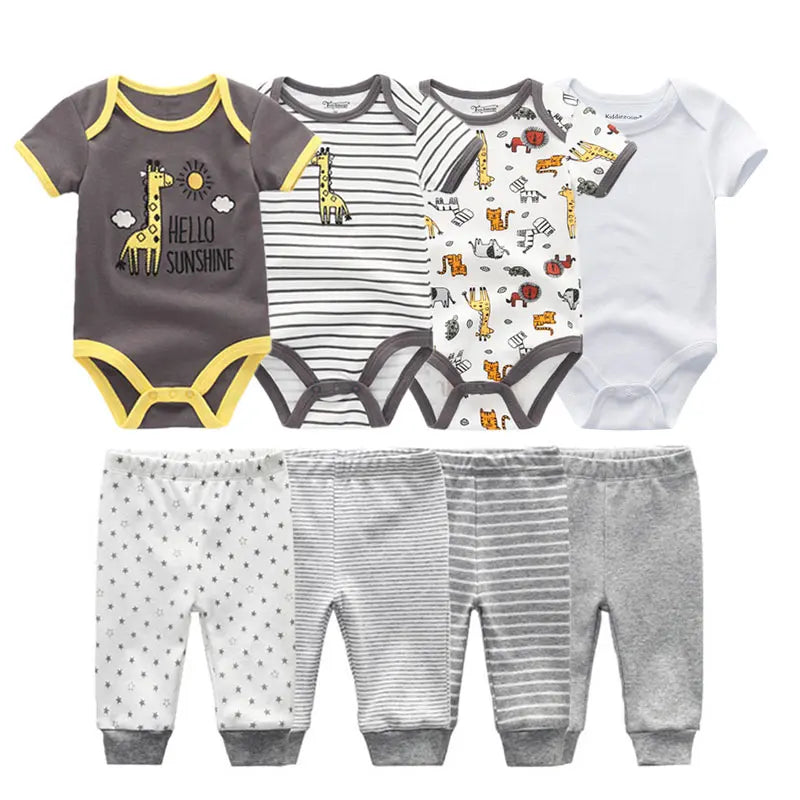 8-Piece Cartoon Baby Bodysuits and Pants Cotton Newborn Unisex Short Sleeve Onesies Trousers 0-12 Months