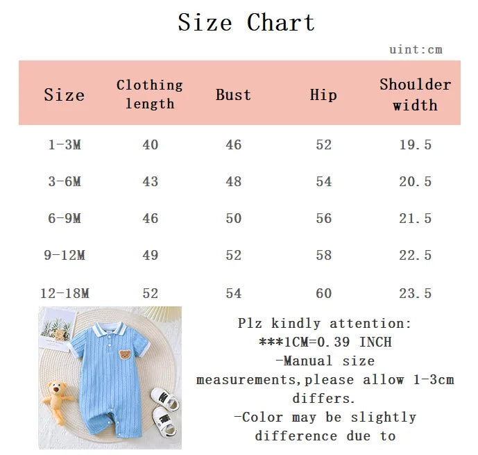 Newborn Baby boy Bodysuit Lapel collar Cartoon Bear Short-sleeved Bodysuit for 0-18 Months old Cute Baby boys' Summer clothing