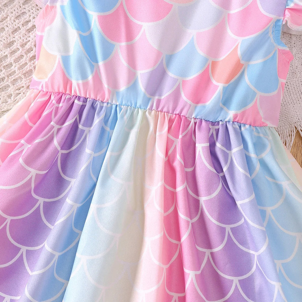 2Pcs Baby girl Dress Round Neck Mermaid print Color Dress+Headband Set suitable for Cute Baby girls 0-3 Years Summer Dress