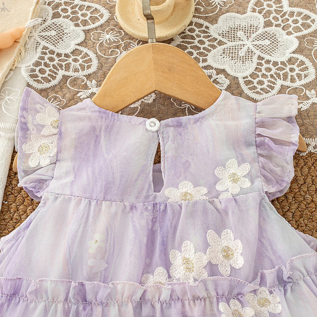 Baby Clothes for Girl Summer Fashion Floral Purple Birthday Party Baby Girl Fairy Dress Korean Style Sweet Toddler Tulle Dress