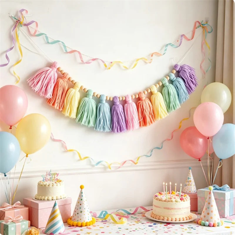 Colorful Rainbow Tassel Garland Wall Decor Banner Handmade With Wooden Beads For Home Party
