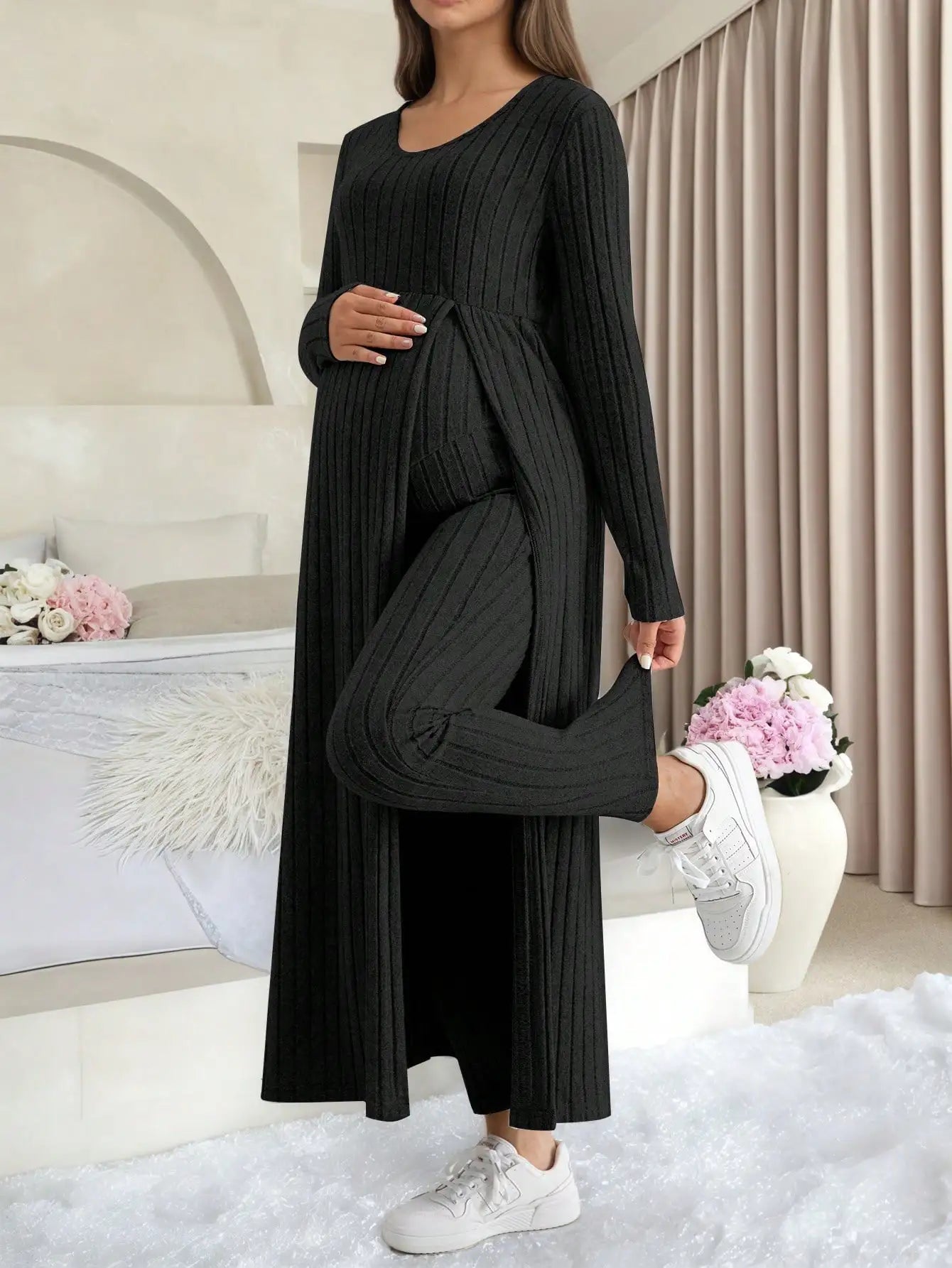 Maternity Two Piece Lounge Set With Long Sleeve Soft Ribbed Fabric For Home And Casual Wear