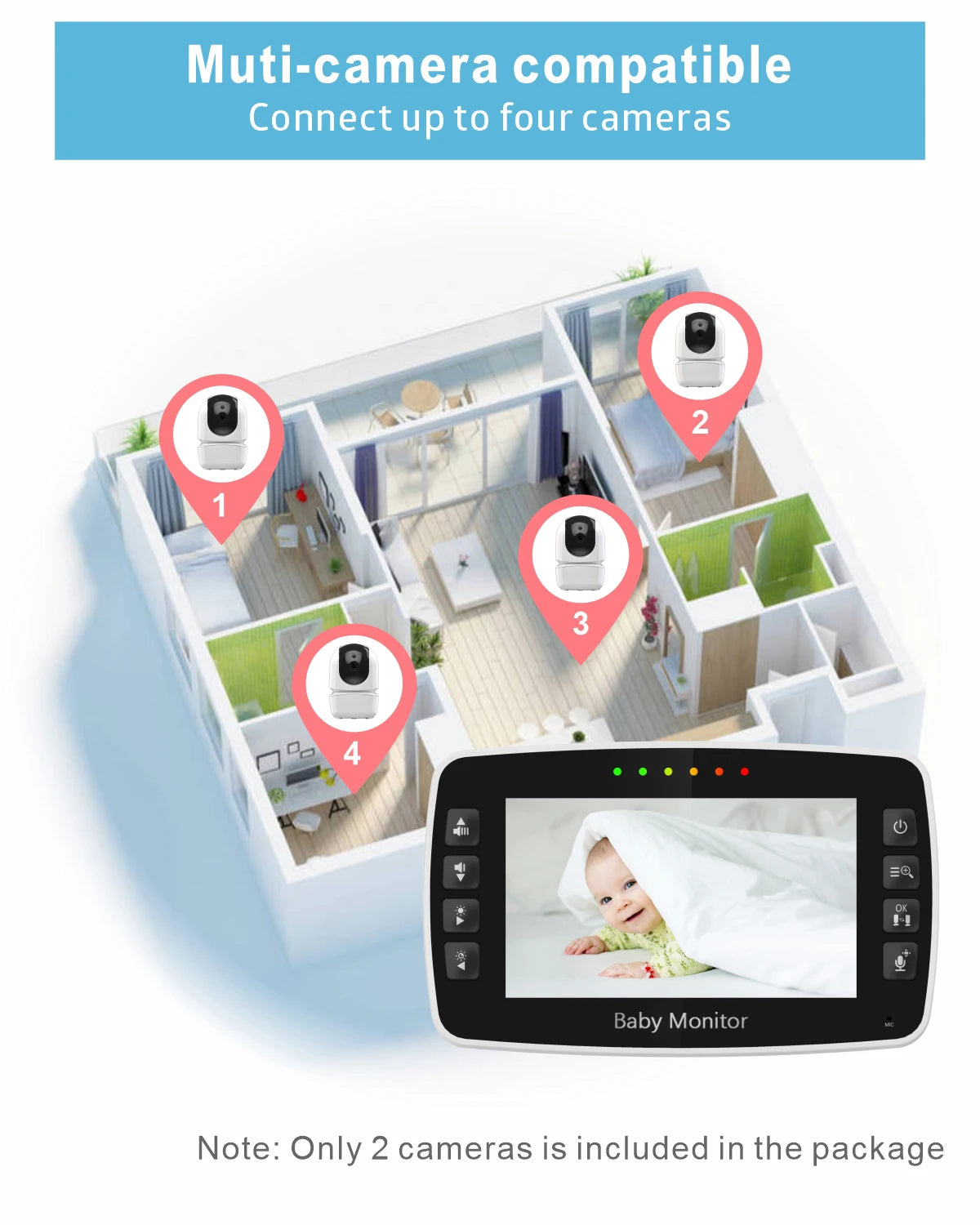 New Baby Monitor Two camera 4.3Inch Wireless With PTZ Camera High Security Camera Night Vision Temperature Monitoring Baby