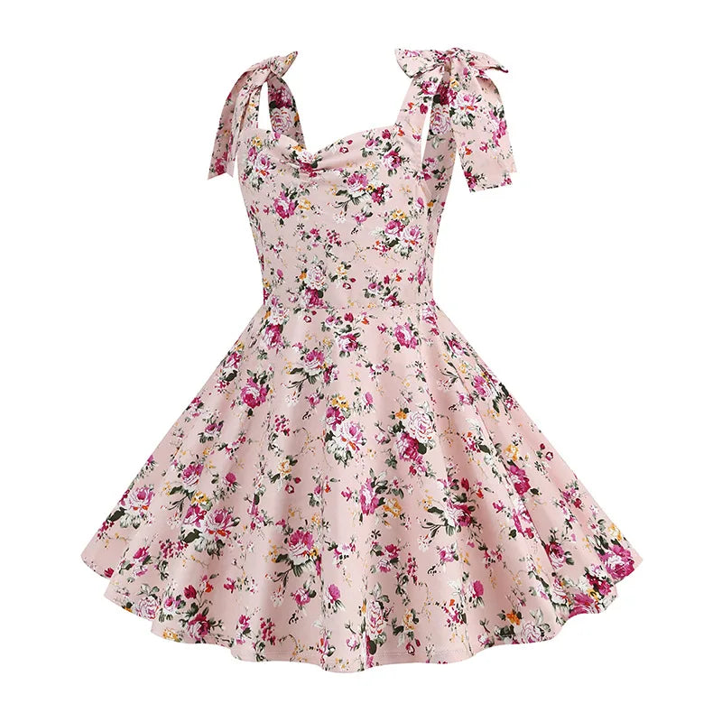 Summer New Parent-Child Dress Flower Bow Print Strap Dress Beach Party Fashion Cute V-Neck Mother Daughter Dress