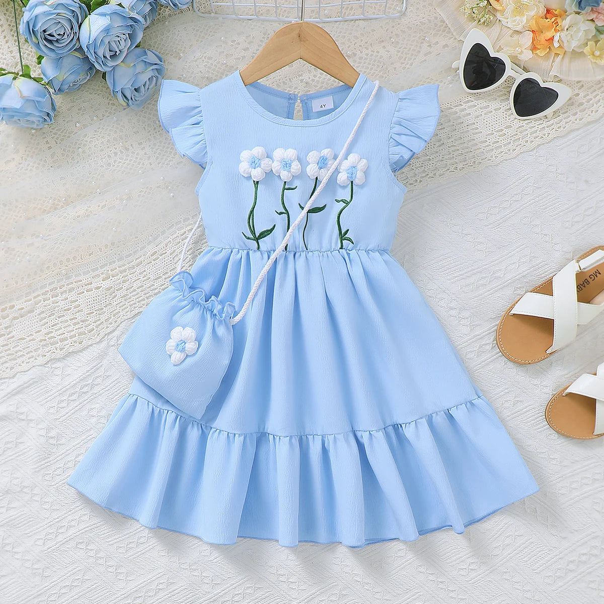 1-6 Year Girls' Summer Dress Round neck Beautiful Knitted Small Flower Embroidered Dress+Mini bag Set girls' Fashionable Dress