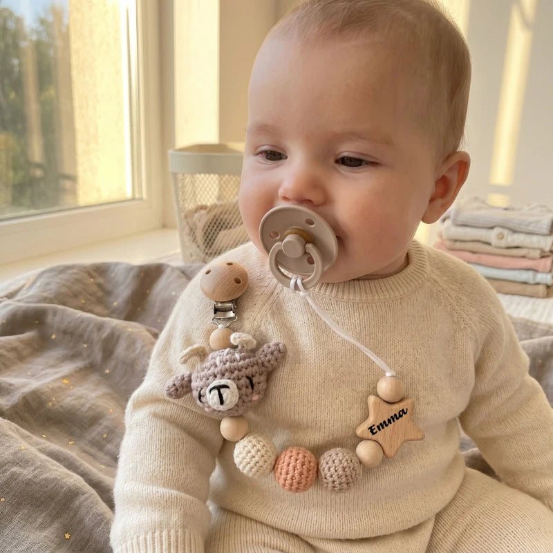 Personalized Baby Pacifier Clip with Name – Crochet Bear Wooden Star Teether Holder