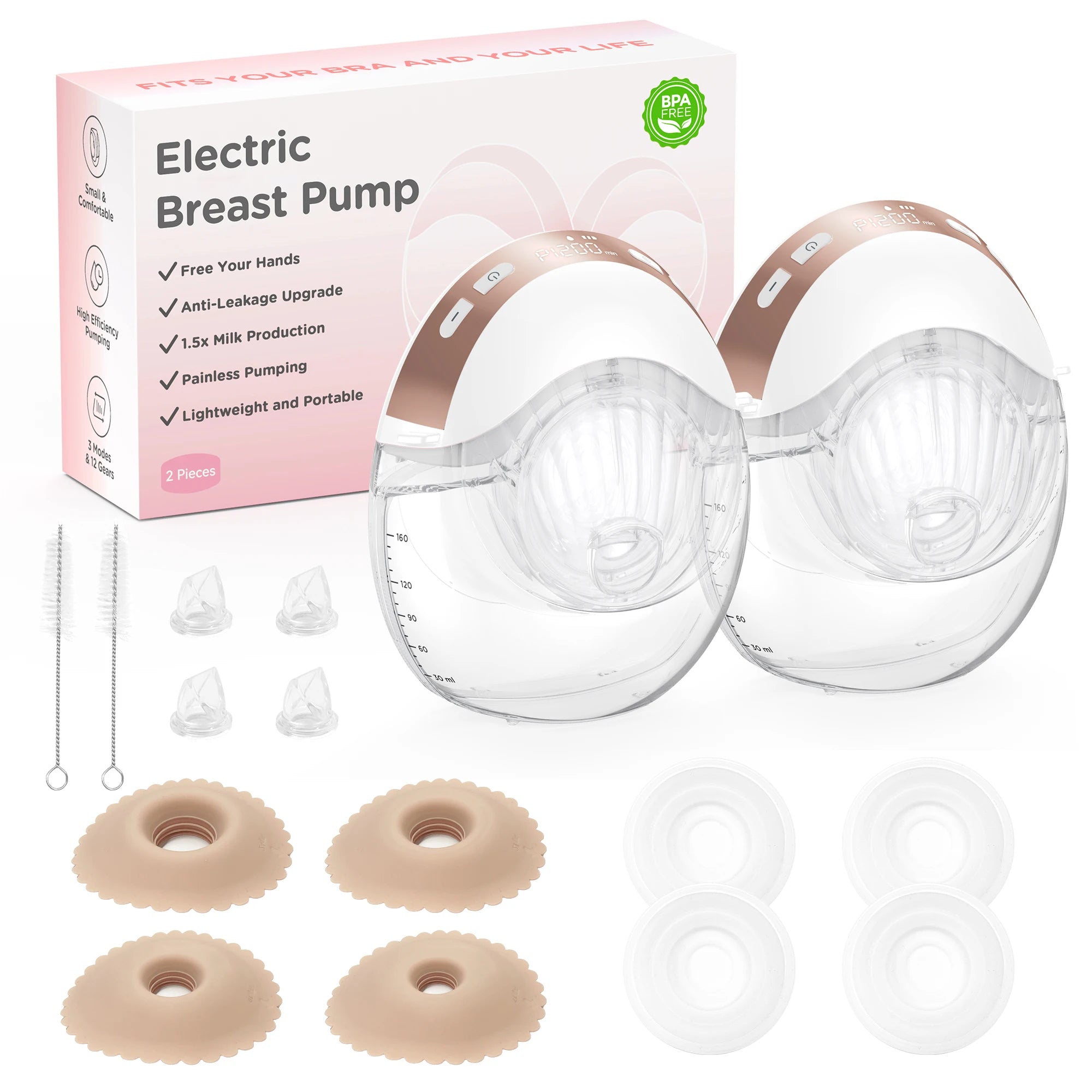 Wearable Electric Breast Pump 3 Modes 12 Levels Silent Leak-Proof Hands Free Breastpump Breastfeeding with 17/19/21/24mm Flange