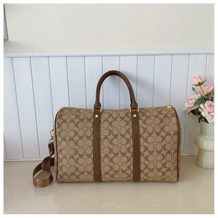 Classic Vintage Monogram Travel Duffle Bag, Trendy Versatile Overnight Weekender Bag with Top Handles & Adjustable Strap