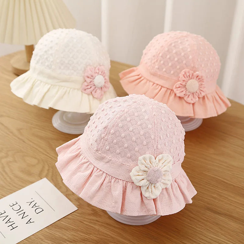 Lace Ruffle Baby Bucket Hats Flower Princess Girl Sunscreen Fisherman Cap Summer Thin Cotton Newborn UV Protection Sun Hat 3-18M