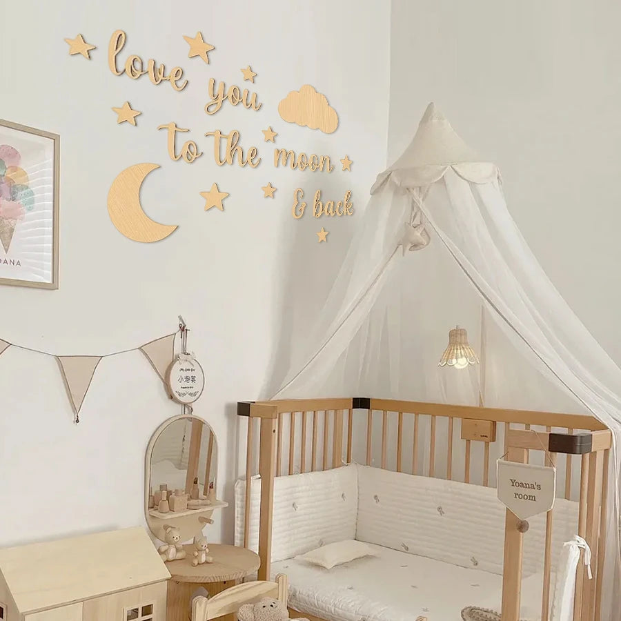 18Pc Natural Wood "Love You to the Moon" Letter Wall Stickers Children's Room Star and Moon Cloud Decoration Set Nordic Style Wooden Star and Moon Letter Wall Decor Baby Room Warm Love Message Soft Decoration Wooden Wall Stic