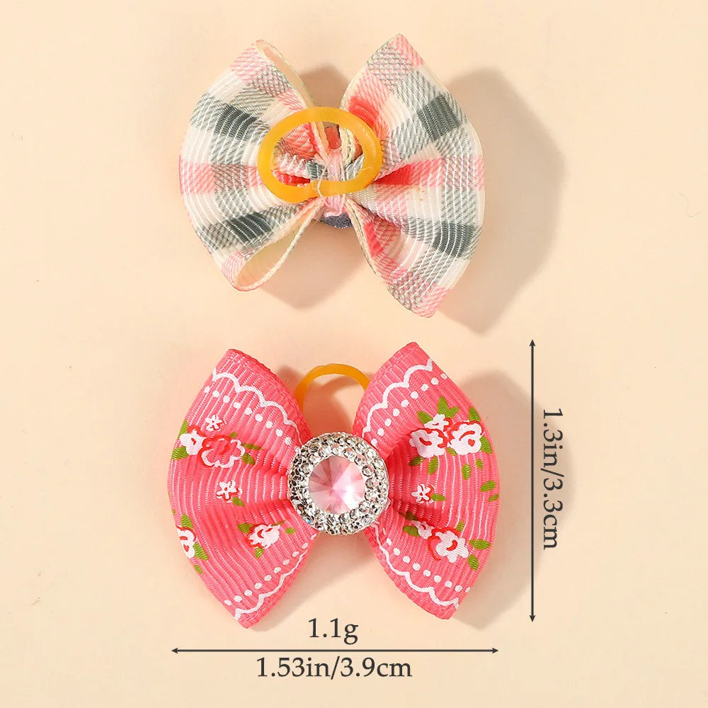 Random Color 20Pcs Mini Bowknot Hair Band for Girls Hair Accessories Dopamine Color Elastic Rubber Band Exquisite Gem Head Tie