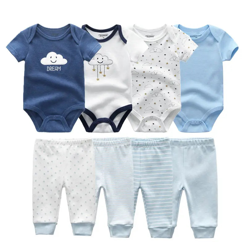 8-Piece Cartoon Baby Bodysuits and Pants Cotton Newborn Unisex Short Sleeve Onesies Trousers 0-12 Months