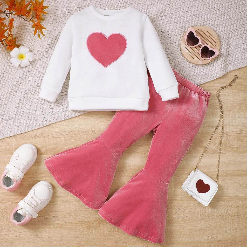 Girls' Winter Set Coral Fleece Love Top+Fashionable flared Pants 2-piece Set Suitable for 3-7 Year Old Girls' Winter Warmth Set