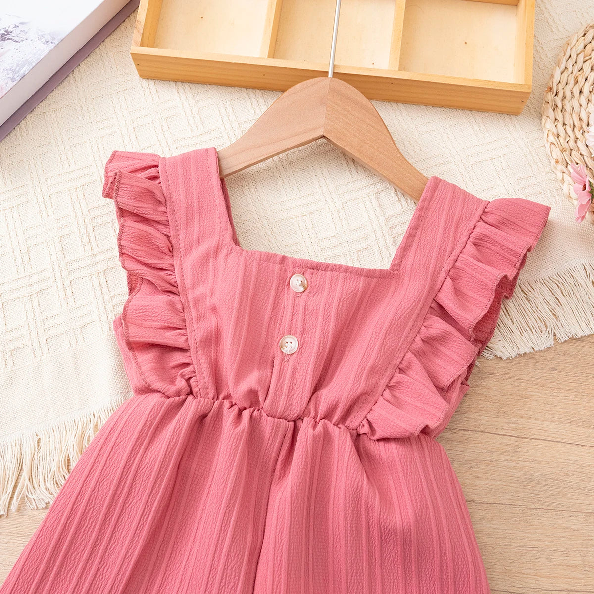 Girls' summer pure-color versatile jumpsuit, ruffle bowknot jumpsuit, princess style jumpsuit, suitable for little girls