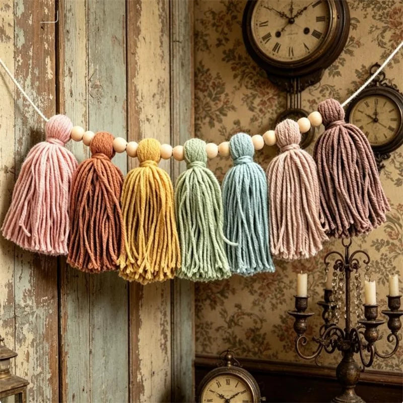Bohemian Colorful Tassels and Wooden Beads Handmade Party Decorations Fireplace Mantel Room Decor Tassel Hangings Suitable for Holiday Decorations Tassel Strings Home Decor Hanging Tassel Strings.