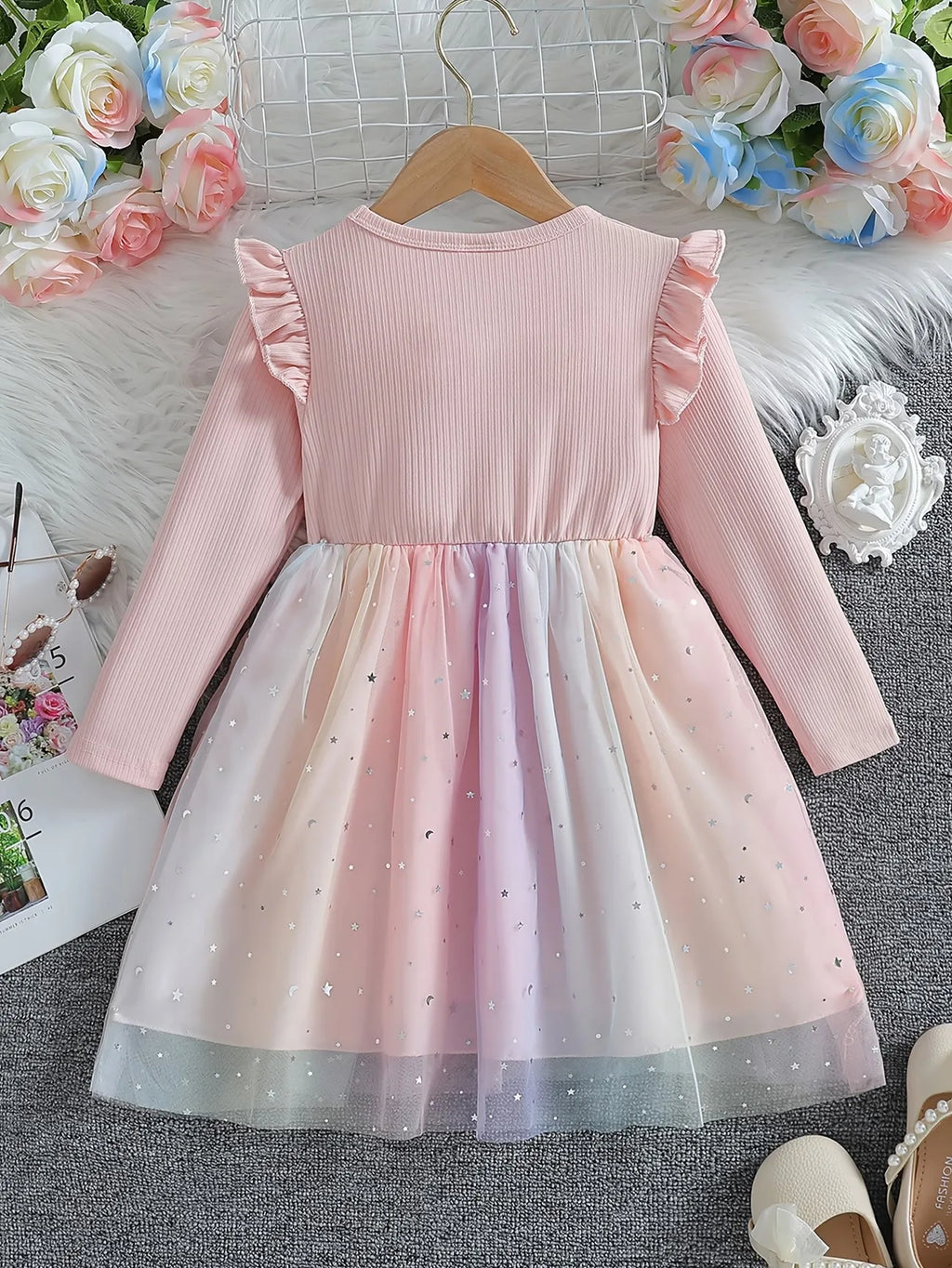 Sanrio Hello Kitty Girls Princess Dress, Autumn Pink Gradient Tulle Tutu Skirt, Kids Long-Sleeve Star Formal Dress