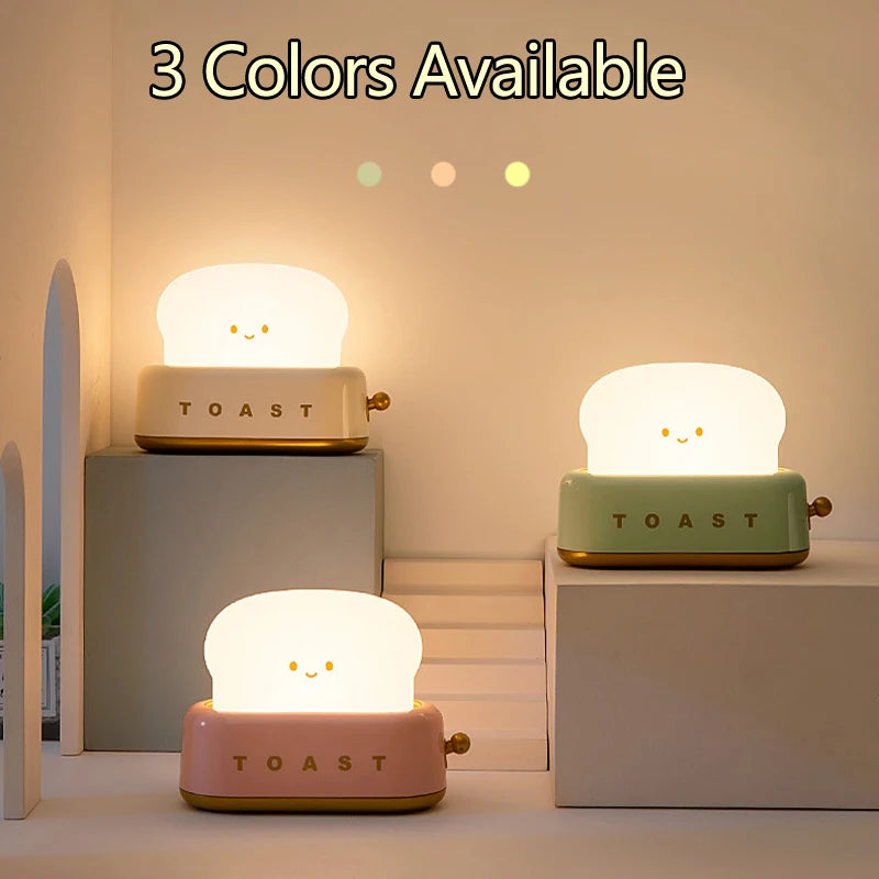 Rechargeable Cute Toaster Night Light - Toast Shape Bedside Lamp with Smile Face,Dimmable Desk Decor,Bedroom,Living Room,Gift