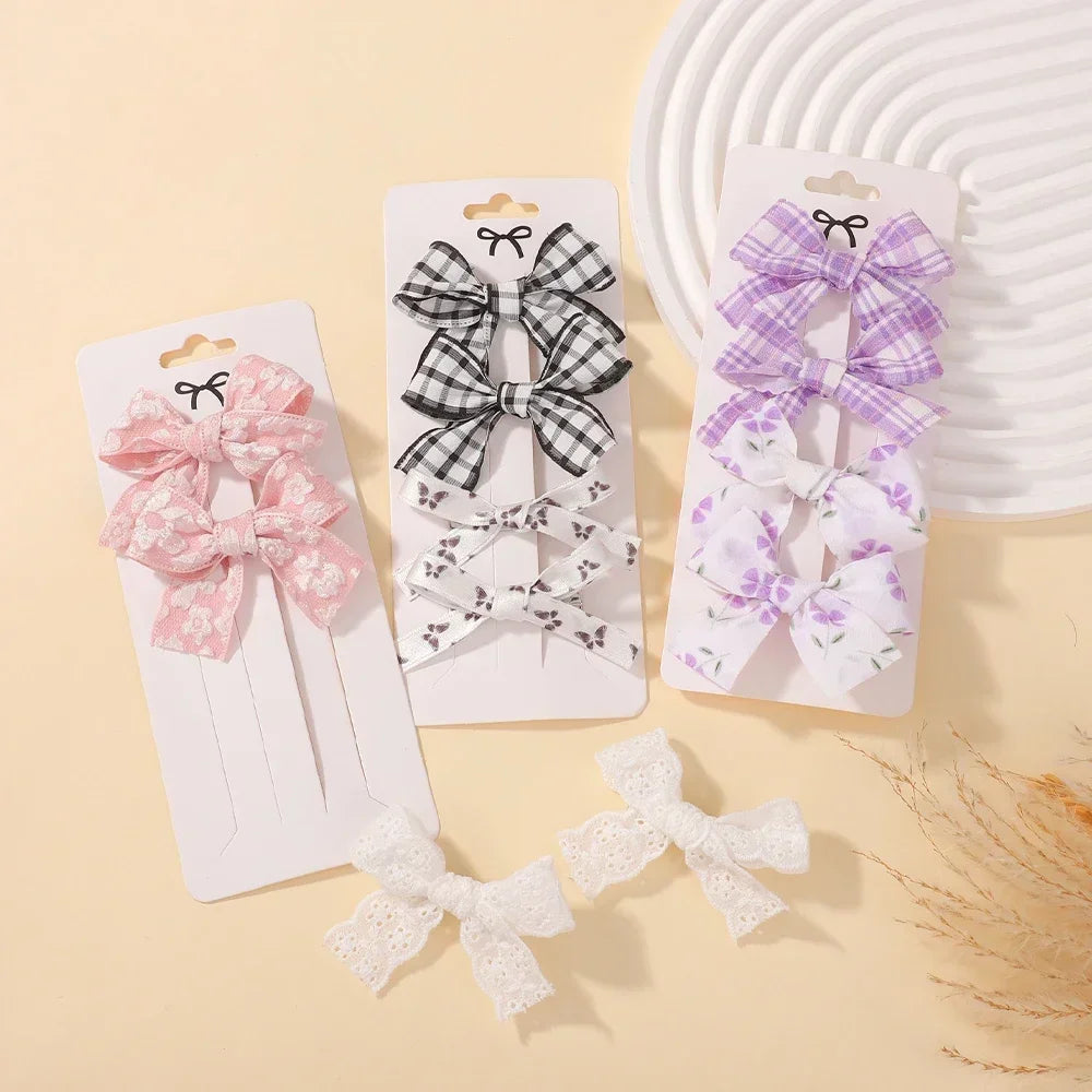 4Pcs/Set Baby Girls Hair Accessories Sweet Plaid Flowers Lace Bows Hair Clips Lovely Ins Hairpin Barrette Headwear