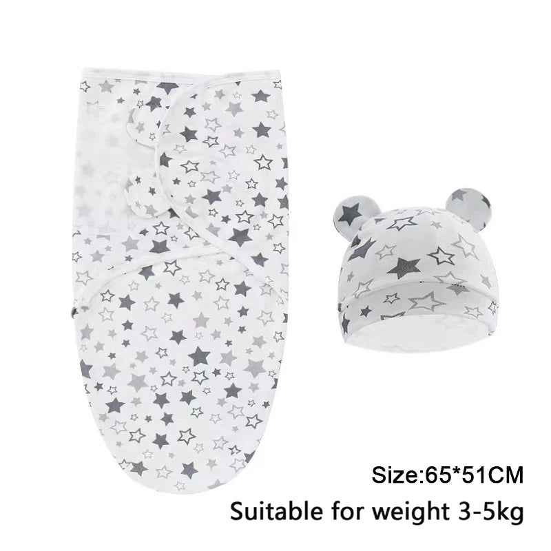 Baby Blanket Hat Set Cartoon Printed Cotton Newborn Swaddle Adjustable Infant Sleeping Swaddle Wraps All Seasons 0-6 Months