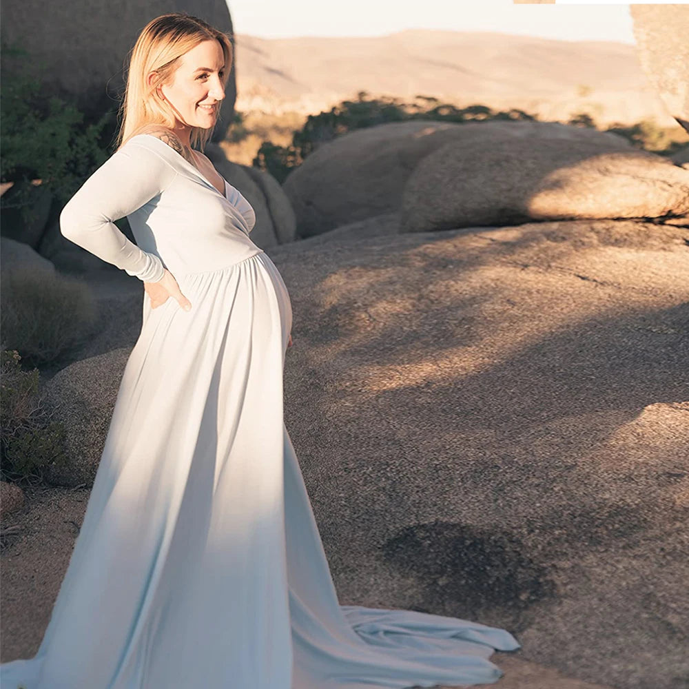 Maternity V-neck Gown Long Sleeve Trailing Maxi Dress Elegant Photo Shoot For Pregnant Women Photography