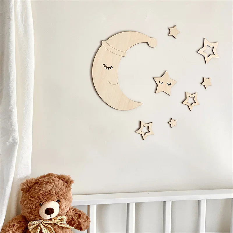 Nordic Style Christmas Hat Wooden Moon Hollow Star Wall Stickers Decoration Home Wall Decoration Stickers Photo Props Cute Wooden Wall Stickers Holiday Decoration Wall Art