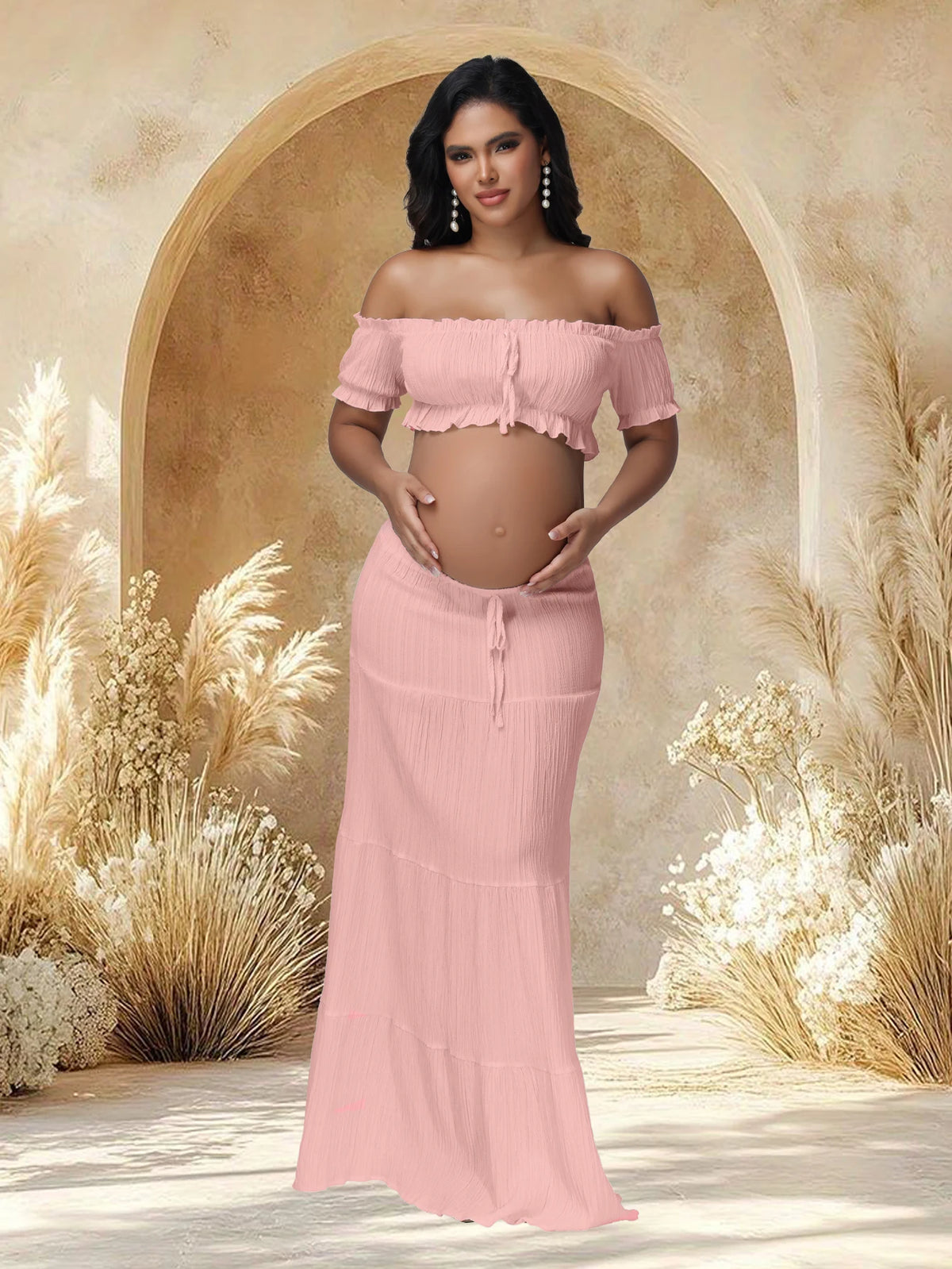 2Piece Maternity Dress Set Ruffle Tube Top and Maxi Skirt for Photoshoot Baby Shower Model MTR2PCRA