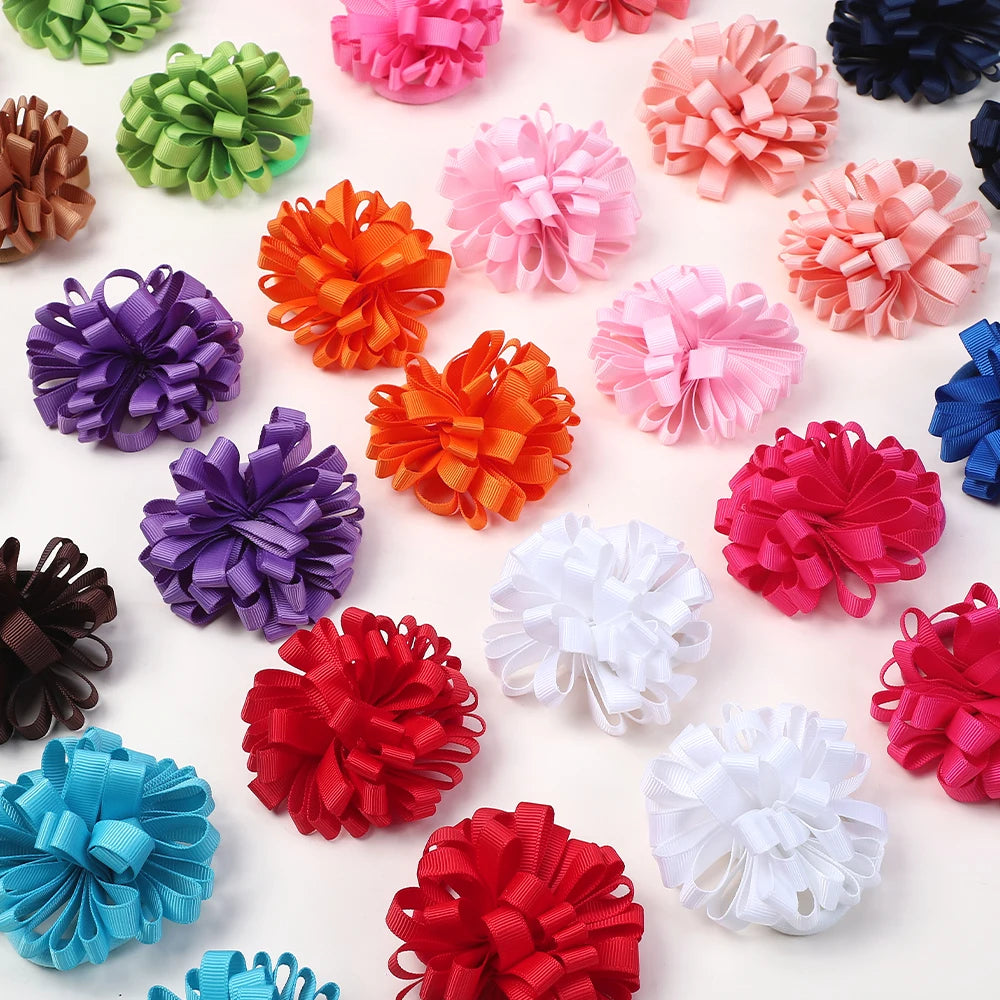 10Pcs random color ribbon flower hair band for girls ponytail head rope elastic embroidered ball headband hairdress