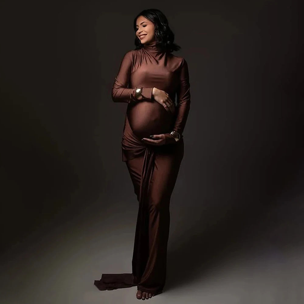 Maternity Long Sleeve Turtle Neck Maxi Photography Dress Solid Rouched Tie Gown for Photoshoot Baby Shower Party