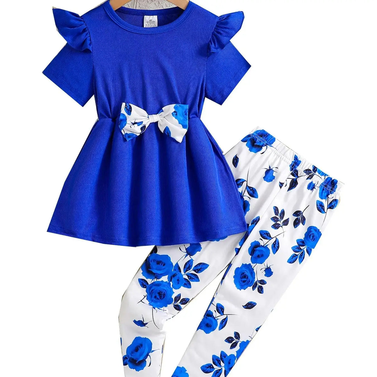 New Arrival Summer Girls Knitted Round Neck Flying Sleeve Tops + Rose Printed Casual Trousers Set 2Pcs