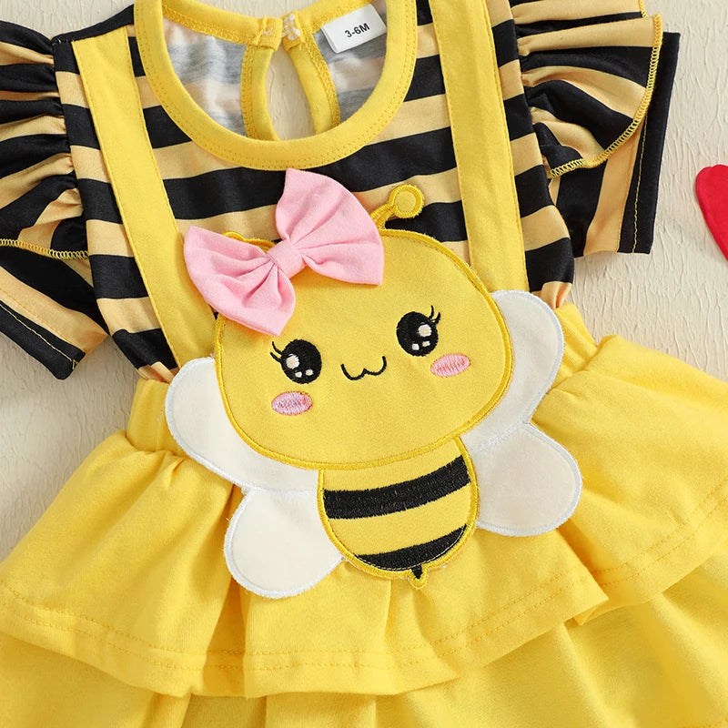 0-18M Newborn Baby Girl Romper Dress Summer Short Sleeve Striped Bee Pattern Tierred Bodysuit with Headband Cute Infant Clothes