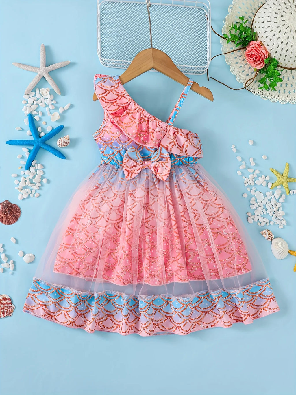 Baby girl Princess Style Dres Pink fish scale print ruffled mermaid dress for 0-3 year baby girls beach vacation dress