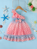 Baby girl Princess Style Dres Pink fish scale print ruffled mermaid dress for 0-3 year baby girls beach vacation dress