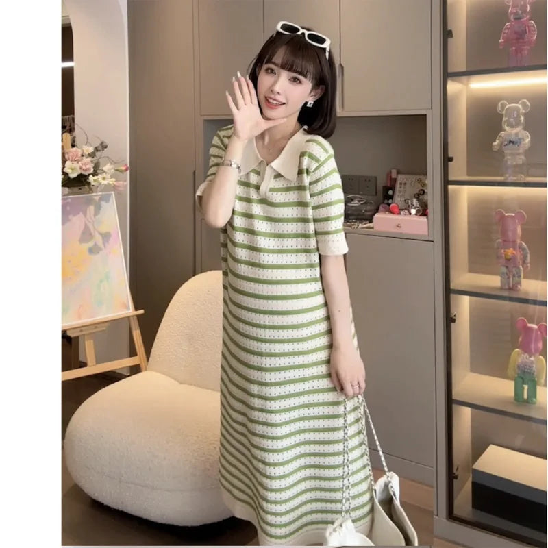 Summer Postpartum Woman Breastfeeding Dresses Short Sleeve Turn-down Collar Hollow Out Striped Maternity Straight Nursing Dress