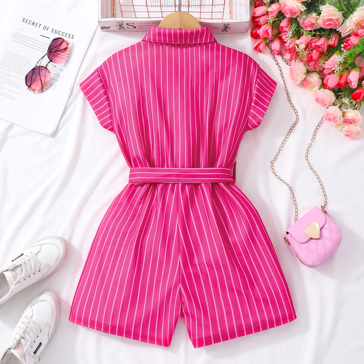 8-12 Years Tween Girls Red Vertical Striped Short Sleeve Collar Jumpsuit - With Belt | Party, Back to School, Daily, Outings&Gat