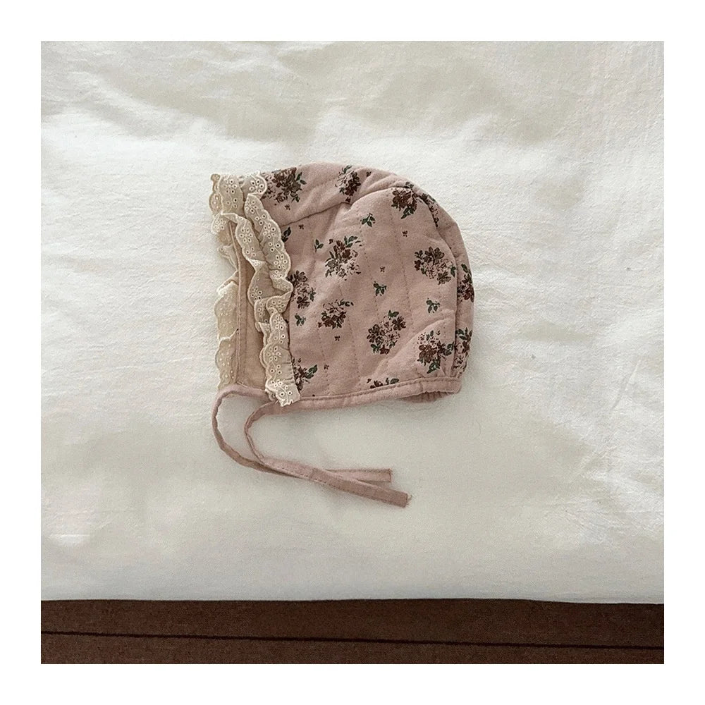 Children Warm Winter Cap Kids Girls Quilted Earflap Hat for Newborns Baby Floral Print Lace Trim Bonnet for Girls Accessories