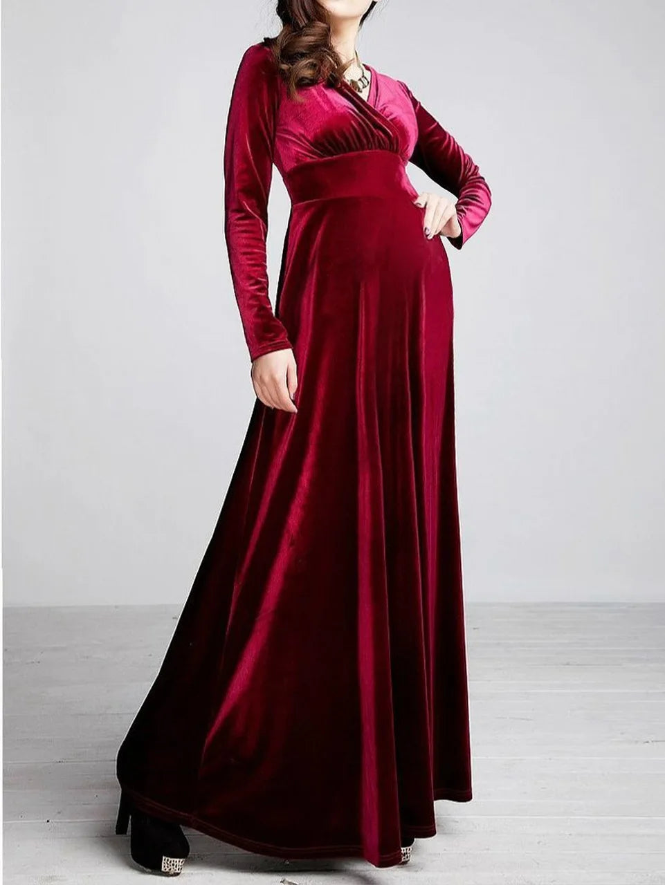 Maternity Photography Dress Velvet Long Sleeves V-Neck High Waist Gown For Wedding  Baby Shower Photo Shoot